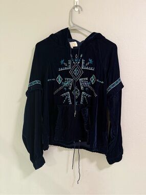 Love Sam Velvet Embroidered Hoodie Navy Boho Top Size S